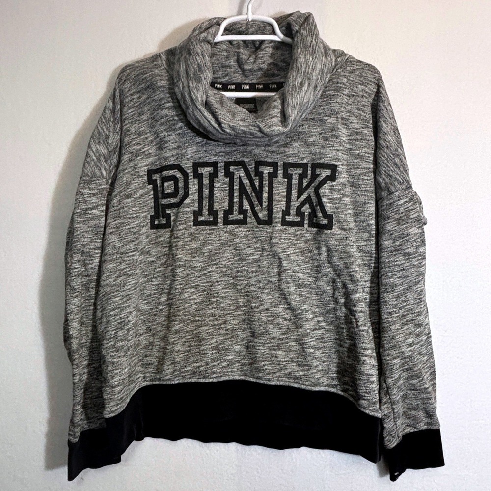 PINK Victoria's‎ Secret Cowl Neck Sweatshirt Gray Marl Black Logo Pullover Large